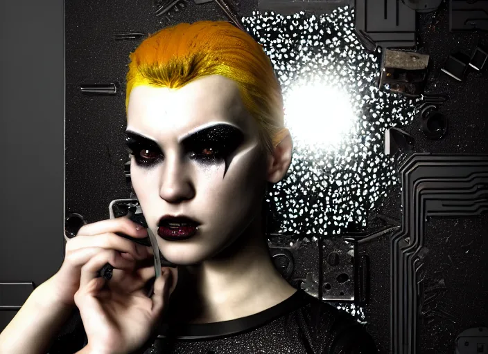 Image similar to octane render photographic portrait by quentin tarantino of a beautiful feminine man wearing black techwear and glitter makeup looking in a broken bathroom mirror, cramped new york apartment, full shot, retrofuturism cyberpunk cinematic, 8 k, hd, high resolution, ultra realistic faces, intricate detail, trending on artstation, digital painting, clockwork orange