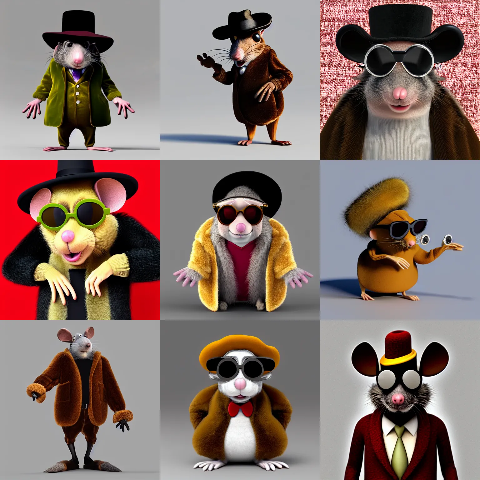 Prompt: “anthropomorphic rat wearing a velvet fur coat, sunglasses and a hat, arms folded, 3d render, detailed, Pixar”