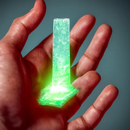 Prompt: an open hand facing up, a glowing shard of kryptonite is floating above the palm of the hand, pitch dark room