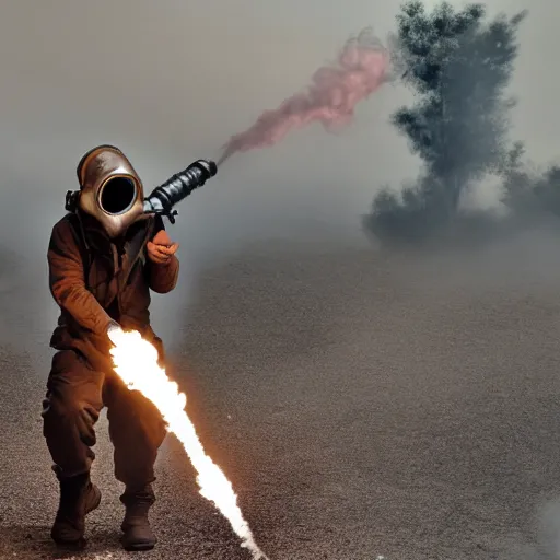 Prompt: a character wearing a gas mask, brandishing a flame thrower