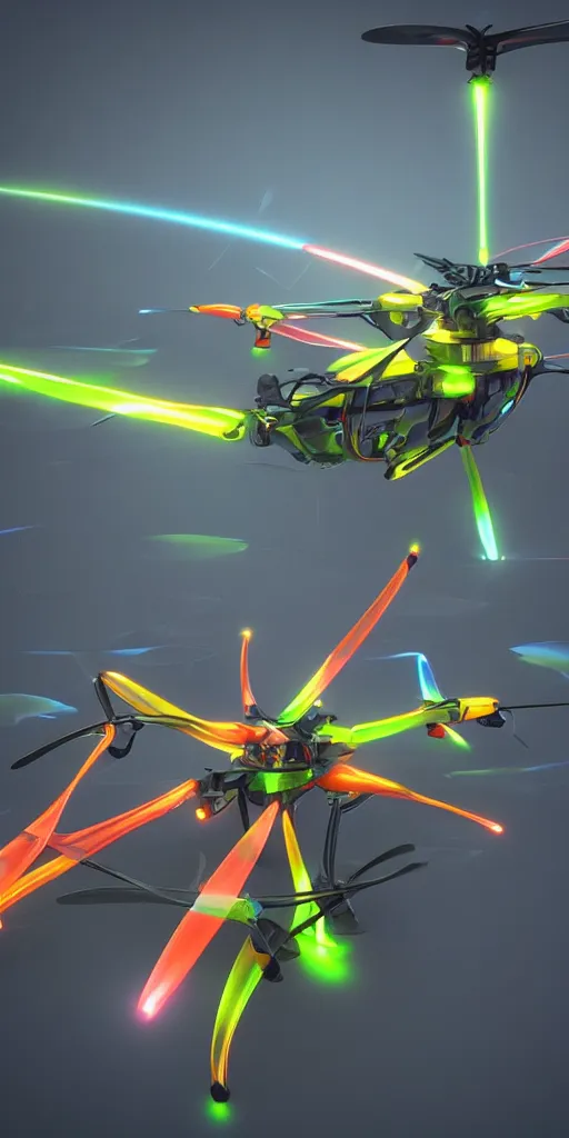 Image similar to futuristic multi rotor helicopter with plasma engine, 4 k, hyper realistic, coherent design, symmetrical, vivid colour, complementary colour, golden ratio, detailed, sharp lines, intricate, rainbow shift, in unreal 3 d engine, ray tracing, octane render