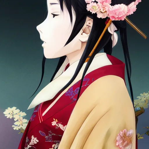 Prompt: A close-up anime portrait of Ssunbiki as a noble Japanese lady with fox ears wearing a silk kimono from Skyrim, by a professional manga illustrator, Stanley Artgerm Lau, WLOP, Rossdraws, James Jean, Andrei Riabovitchev, Marc Simonetti, and Sakimichan, tranding on artstation