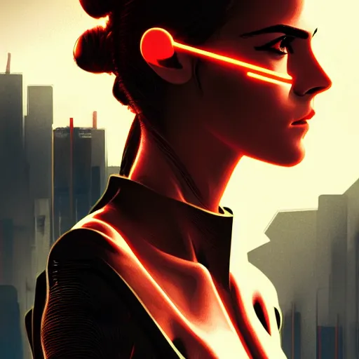 Image similar to cyberpunk emma watson as the leader of a futuristic communist nation, cybernetics, sharp lines, digital, artstation, colored in