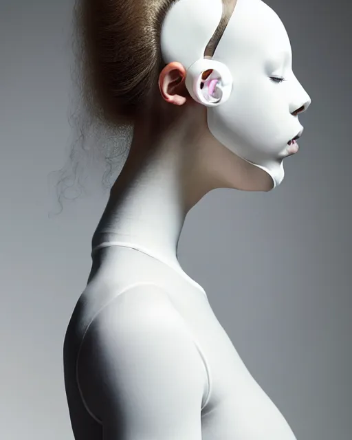 Image similar to portrait of a woman wearing a white embroidered translucent silicone mask and white frizzy hair buns, wearing a black bodysuit by alexander mcqueen, cream white background, soft diffused light, biotechnology, humanoide robot, bjork aesthetic, translucent, by rineke dijkstra, intricate details, highly detailed, masterpiece,