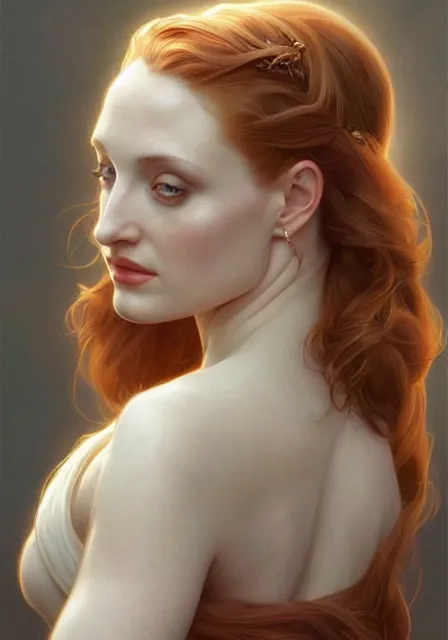 Image similar to sansa angeline jolie gessica chastain white skin, intricate, elegant, highly detailed, digital painting, artstation, concept art, smooth, sharp focus, illustration, art by artgerm and greg rutkowski and alphonse mucha and william - adolphe bouguereau