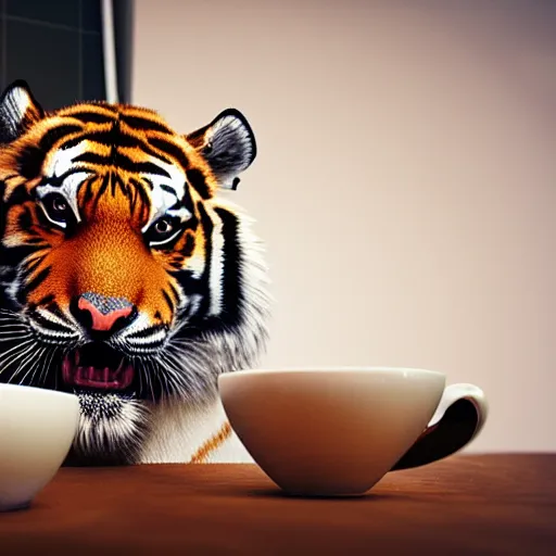 Image similar to a dramatic photograph of excited tiger enjoying tea , cinematic lighting