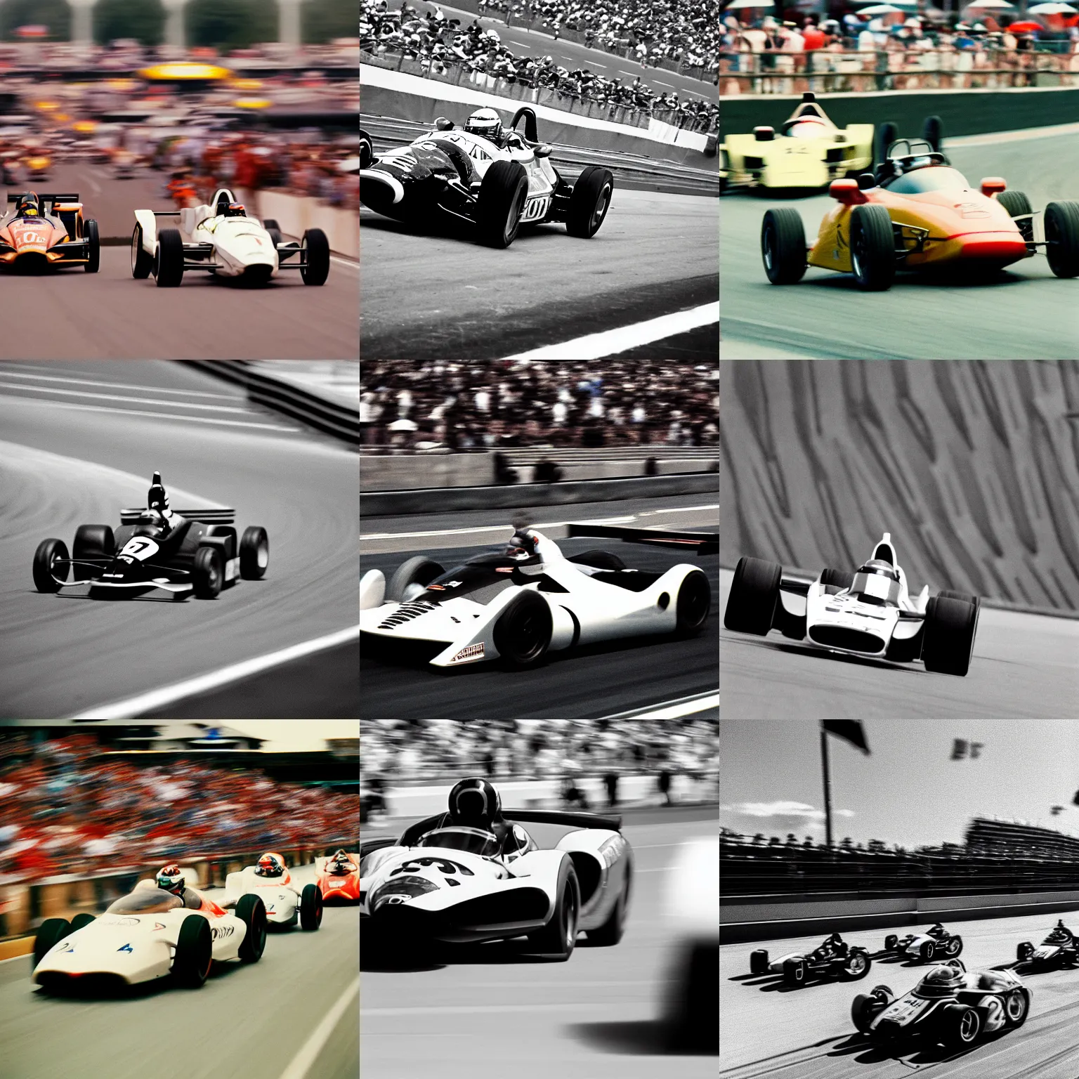 Prompt: futuristic car race overtaking at indianapolis 5 0 0, 2 0 5 0 s, film grain, motorsports photography