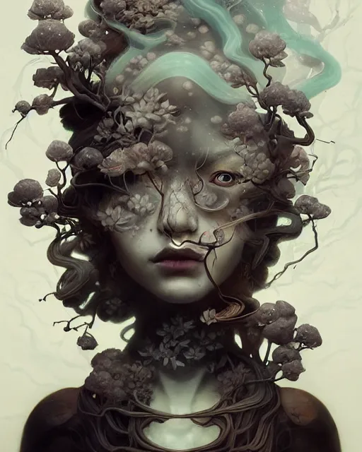 Prompt: fantasy portrait of a woman made of obsidian and smoke, carved Japanese Sakura wood organic overgrowth, peter mohrbacher, artgerm, James Jean