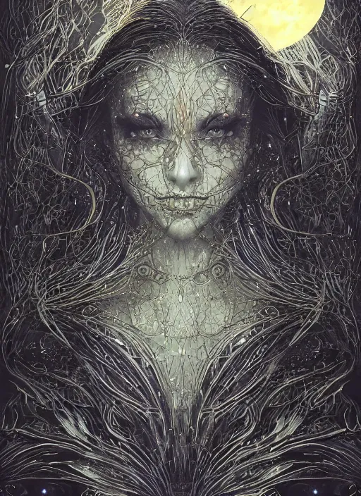 Image similar to glowing silver and golden elements, portrait, A beautiful dark witch in front of the full big moon, book cover, green forest, red white black colors, establishing shot, extremly high detail, foto realistic, cinematic lighting, pen and ink, intricate line drawings, by Yoshitaka Amano, Ruan Jia, Kentaro Miura, Artgerm, post processed, concept art, artstation, matte painting, style by eddie, raphael lacoste, alex ross