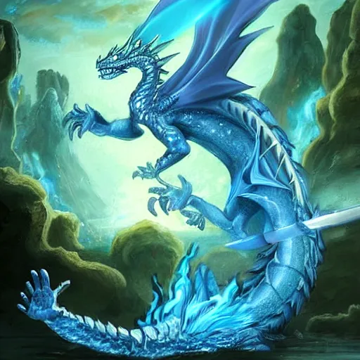 Image similar to a spirit of a water dragon being released by a blue elemental sword, fantasy art