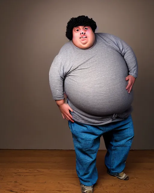Prompt: Studio Photograph of a real life Super morbidly obese 800 pound American teenager Fat Albert in the Style of Annie Leibovitz,