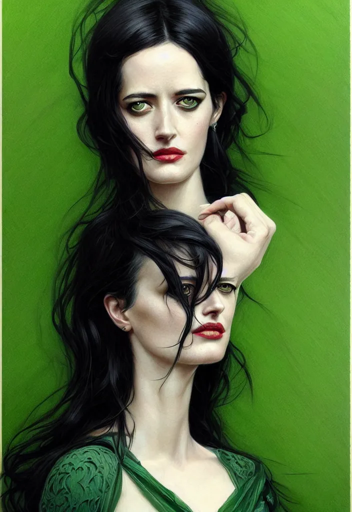 Image similar to portrait of eva green, black hair, green eyes, elegant, real life skin, intricate artwork, high detailed, artstation, concept art, smooth, sharp focus, art by artgerm and greg rutkowski @ ruprechy