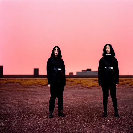 Image similar to cinestill 5 0 d photograph of 2 women wearing black techwear in front of a brutalist sharp - edged metal building, on a desolate plain, red eerie sky, sigma 8 5 mm f / 1. 4, 4 k, depth of field, high resolution, highly detailed, 4 k, 8 k, hd, full color