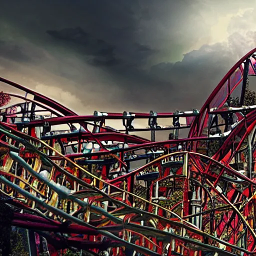 Image similar to photo of a roller coaster with a apocalyse theme