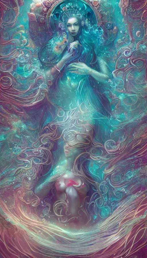 Prompt: tarot card, intricate ocean godness by ross tran, corals, pearls, jellyfish, vivid colors, by Lady Frieda Harris trending on ArtStation, cgsociety