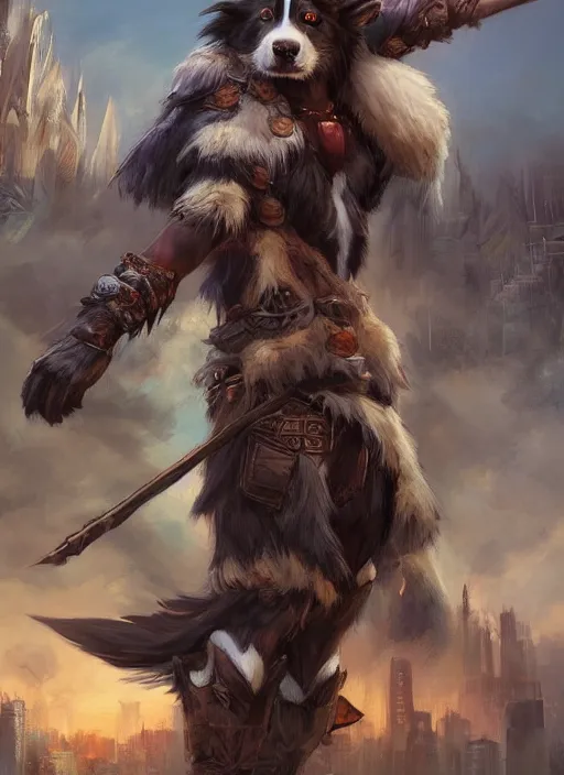 Image similar to wide angle beautiful full body portrait of a cute male anthropomorphic anthro border collie fursona wearing a barbarian outfit in downtown seattle, character design by charlie bowater, henry asencio, and ross tran, disney, scenic background, detailed, glamor pose, aesthetic, trending on artstation, furaffinity, deviantart