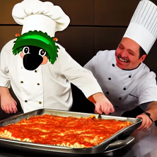 Image similar to platypus with a chef hat cooking a lasagna with three basil leaves over the lasagna