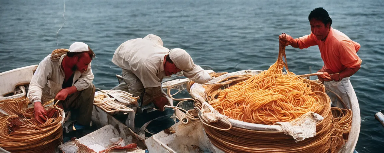 Image similar to fisherman pulling up a fresh catch of spaghetti from the ocean, canon 5 0 mm, cinematic lighting, photography, wes anderson, film, kodachrome