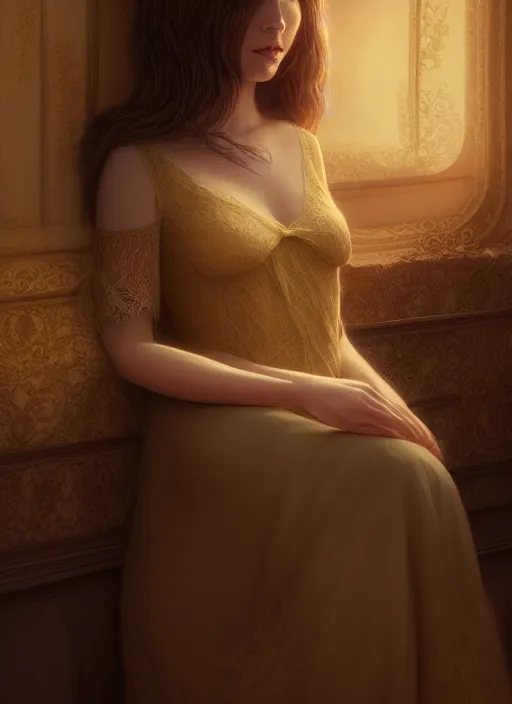 Image similar to young woman beautiful face : : sleeping lace dress : : night home bed : : weta disney pixar movie still photo : : decadent highly - detailed digital painting, full length shot, golden ratio, octane render, artstation, smooth, sharp focus, artgerm, mucha, loish, wlop, gogo