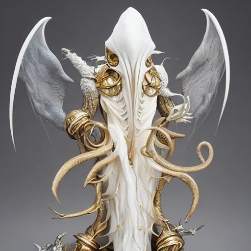 Image similar to angelarium, illithid, cthulhu, white with gold accents, sculpture by ellen jewett