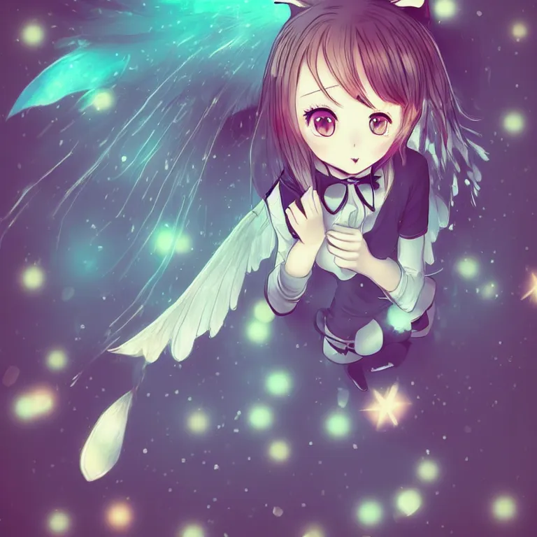 Image similar to cute, full body, female, anime style, a cat girl with fairy wings, large eyes, beautiful lighting, sharp focus, simple background, creative, heart effects, filters applied, illustration