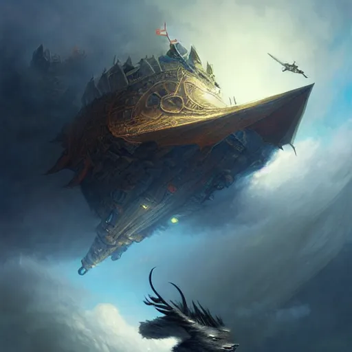 Image similar to an airbeast attacking an airship, highly detailed, digital painting, artstation, concept art, sharp focus, illustration, art by artgerm and greg rutkowski and gustave dore