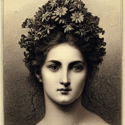 Image similar to extreme close-up, portrait of a beautiful french woman with flower in head, Gustave Dore lithography