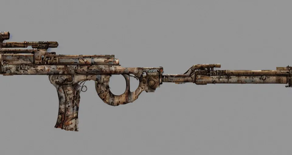 Image similar to Techno-biological rusty large-caliber rifle consisting of tumors, veins, bones, kidneys, wires. Biopunk, body-horror, high detail, photorealism, full length view, very rust, concept art, octane render, 16k, 8k