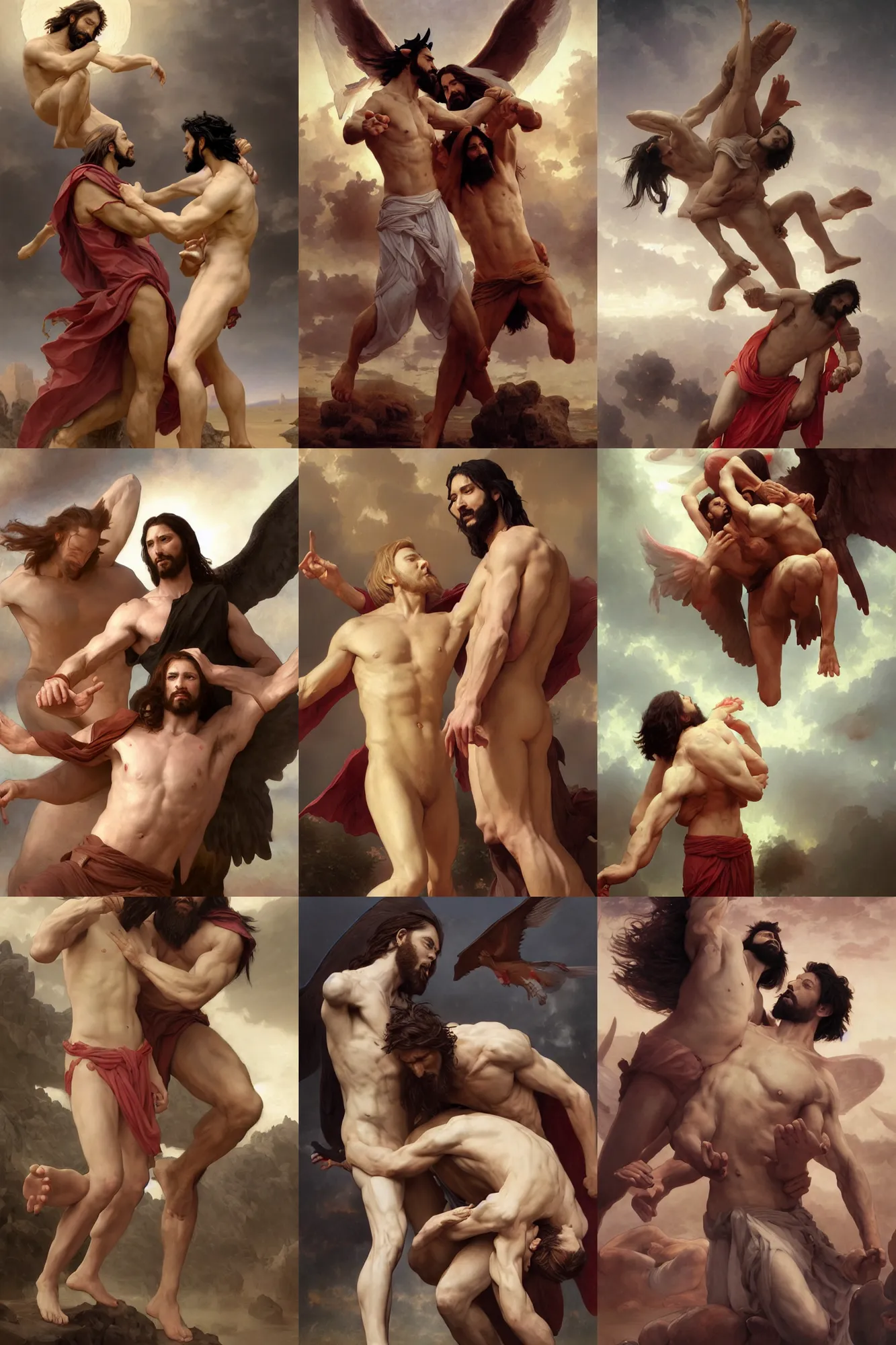 Prompt: depiction of Jesus and Lucifer wrestling illustration by Ruan Jia and Mandy Jurgens and William-Adolphe Bouguereau, Artgerm, 4k, digital art, surreal, space dandy style, highly detailed, godsend, artstation, digital painting, concept art, smooth, sharp focus, illustration by Ruan Jia and Mandy Jurgens and William-Adolphe Bouguereau