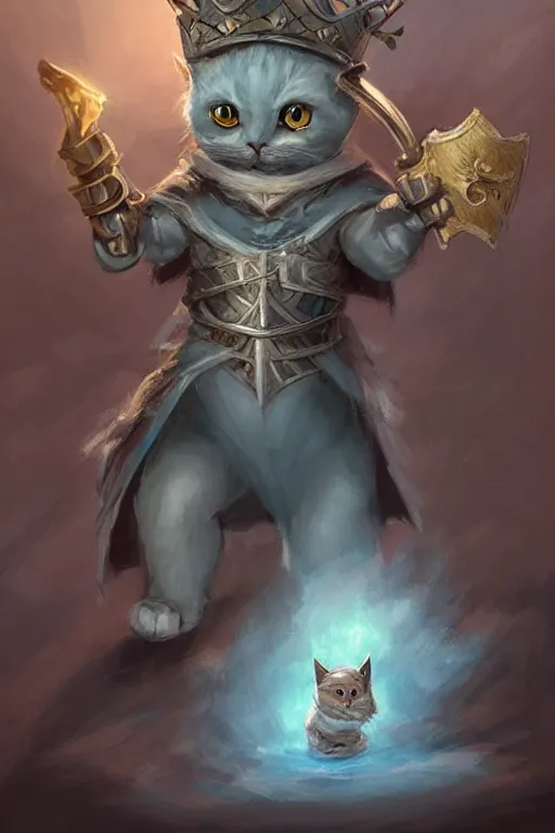 Image similar to cute little anthropomorphic cat knight wearing a cape and a crown, tiny, small, miniature cat , baby animal, short, pale blue armor, cute and adorable, pretty, beautiful, DnD character art portrait, matte fantasy painting, DeviantArt Artstation, by Jason Felix by Steve Argyle by Tyler Jacobson by Peter Mohrbacher, cinematic lighting