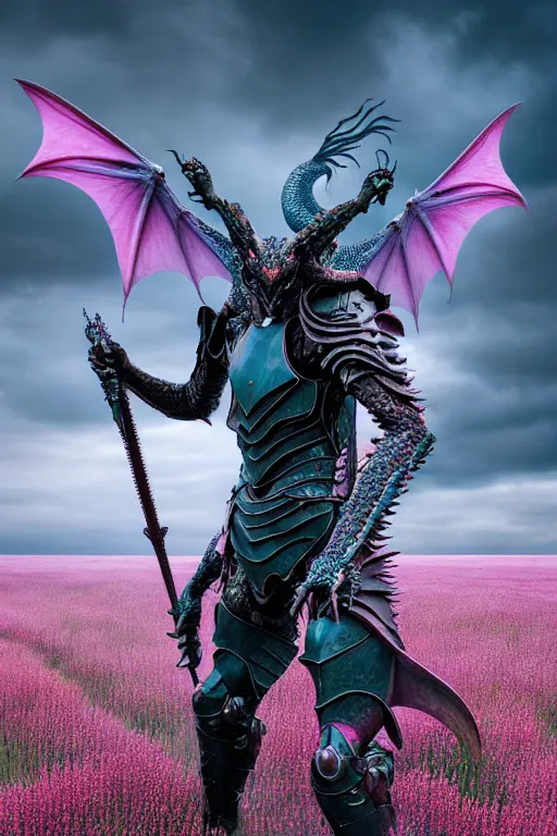 Prompt: hyperrealistic neo - gothic human dragon hybrid, exoskeleton armor, fighting with sword, field of pink flowers, highly detailed digital art masterpiece, vitaly bulgarov dramatic dark teal light, ground angle hd 8 k, sharp focus