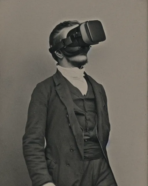 Image similar to 1 8 0 0 s photo of a person wearing a vr virtual reality headset