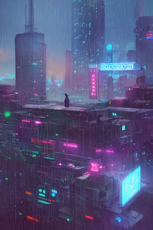 Image similar to a cyberpunk City with billboards, Hologramm and signs in a rainy night, bokeh on background, Skyline view from a rooftop, rendered by simon stålenhag, rendered by Beeple, Makoto Shinkai, syd meade, environment concept, digital art, starwars, raphael lacoste, eddie mendoza, alex ross, concept art, cinematic lighting, , unreal engine, 3 point perspective, WLOP, trending on artstation, low level, 4K UHD image, octane render,