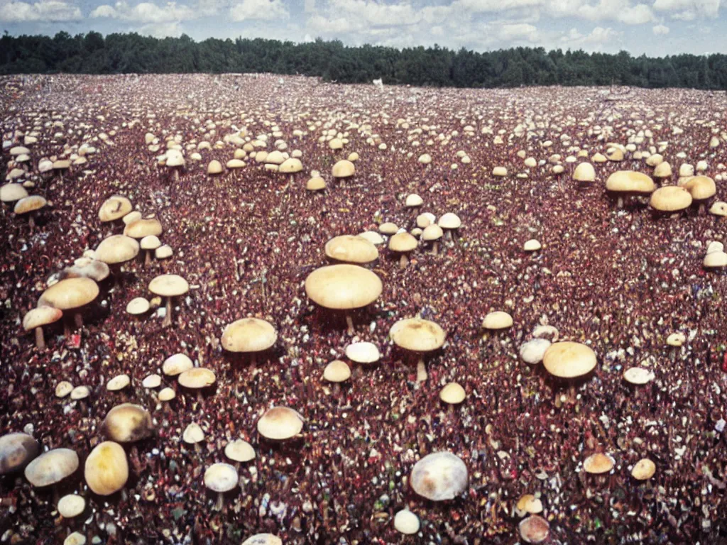 Image similar to trippy 70s photograph of hippy festival woodstock with giant mushrooms