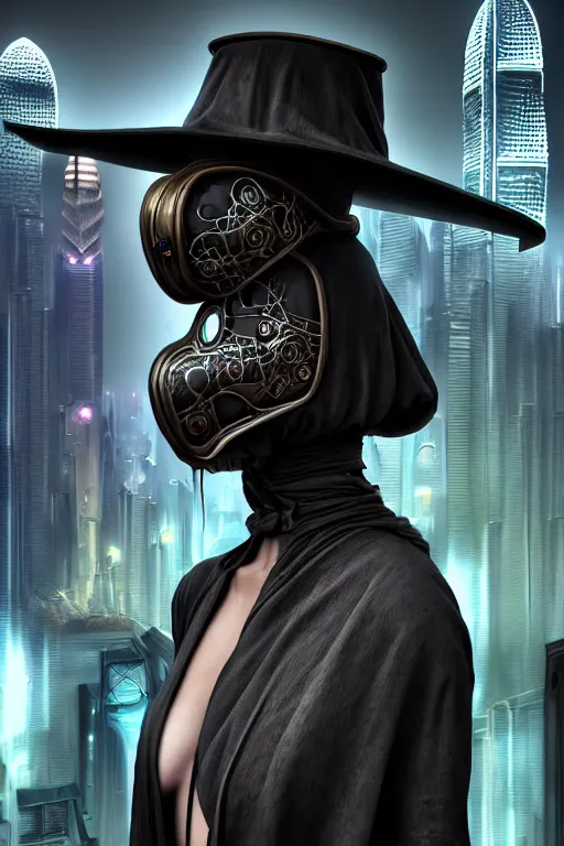 Image similar to 3 / 4 stunning photorealistic portrait of a female plague doctor in a kowloon! cyberpunk cityscape, bioluminescent biomechanical bodysuit, fractal acid rain, dark fantasy, by artgerm and sorayama and alphonse mucha, ultrarealistic, hyperdetailed, trending on artstation, octane render