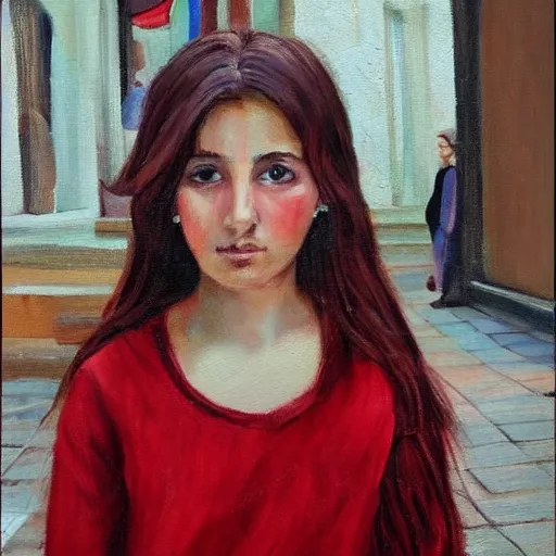 Image similar to a girl with dark red hair and brown eyes in Istanbul oil painting