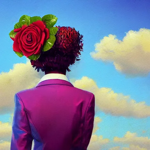 Image similar to closeup, big rose flower head, frontal, girl in a suit, surreal photography, sunrise, blue sky, dramatic light, impressionist painting, digital painting, artstation, simon stalenhag