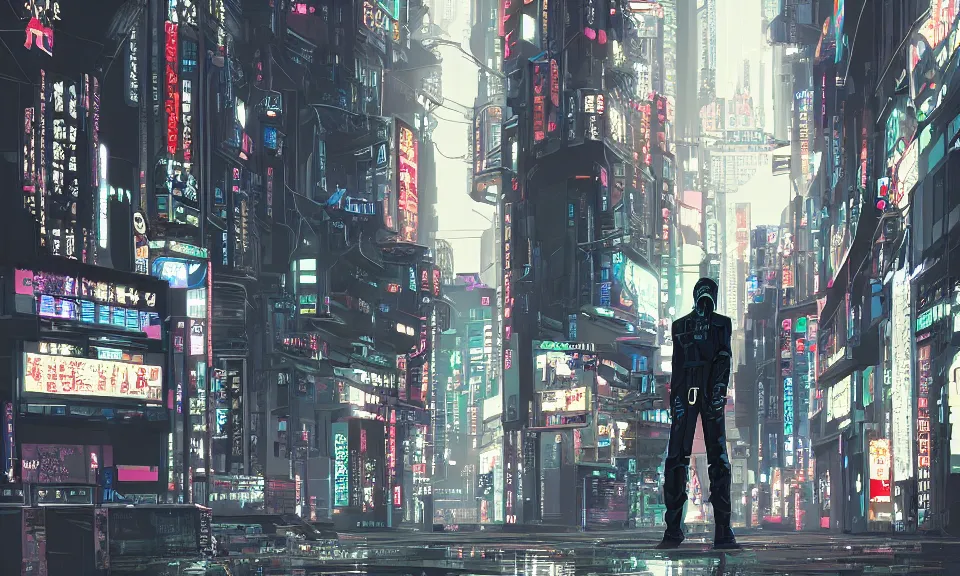 Prompt: a cyberpunk judge stands on the corner of a neo-tokyo street, digital art in the style of sparth