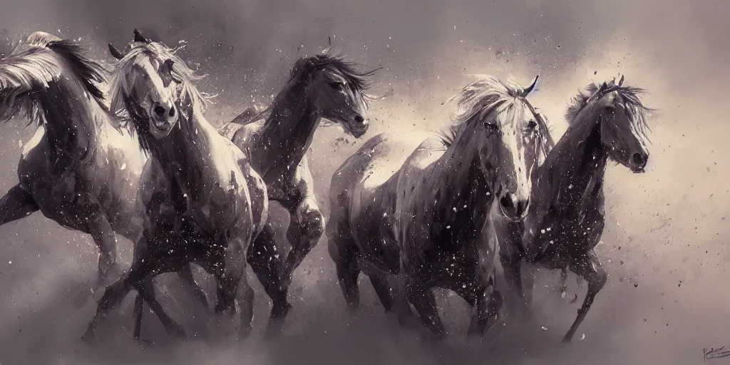 Image similar to highly detailed beautiful oil painting of japanese horses, ink splash, sharp focus, dramatic, dynamic lighting, elegant, harmony, beauty, masterpiece, by riccardo federici, by james jean, by craig mullins, by jeremy mann, by makoto shinkai, by krenz cushart, by greg rutkowski, illustration, ink draw, pen