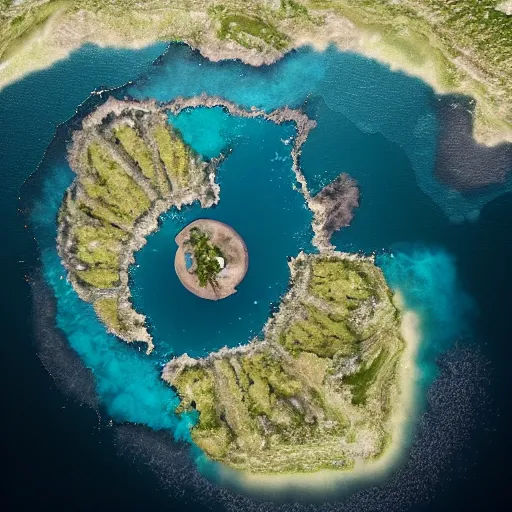 Prompt: seen from above, a giant bottomless pit in the center of an island in the middle of the ocean, digital art, trending on artstation