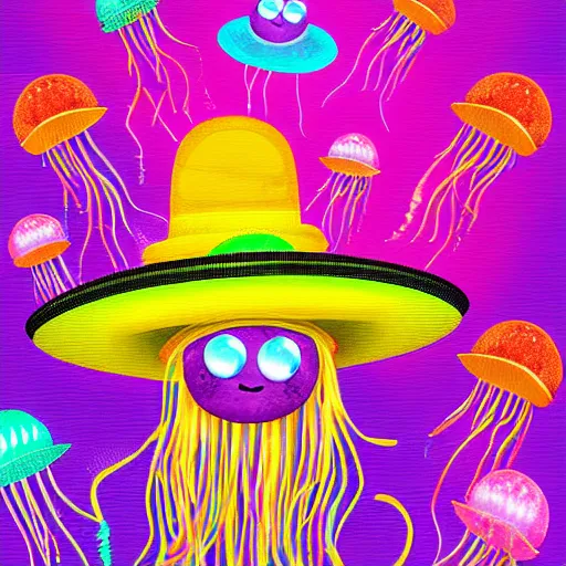 Prompt: jellyfish with sombrero dancing in a club, digital art, vibrant colors