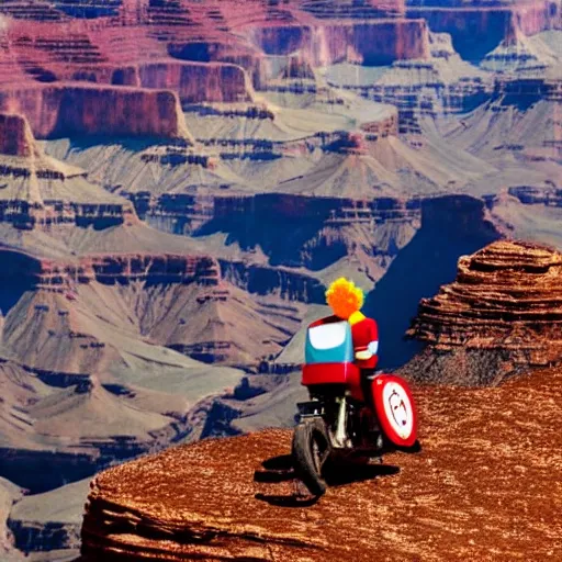 Prompt: ronald mcdonald riding a motorcycle over the grand canyon