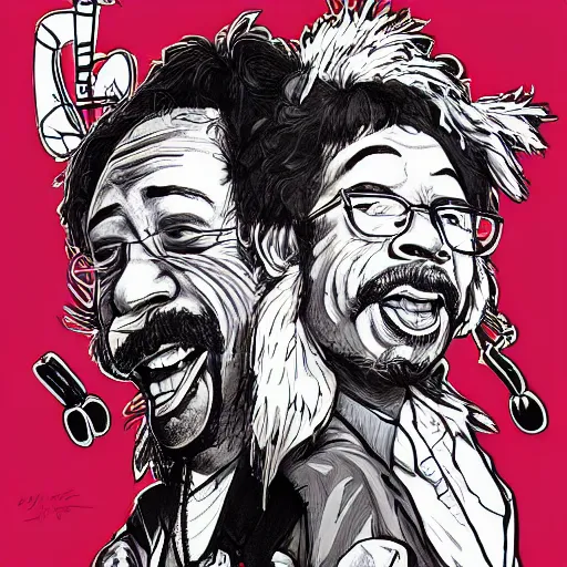 Prompt: portrait of cheech and chong as portrayed in up in smoke, concept art, sumi - e style, intricate linework, artstation, trending, highly detailed, smooth, focus, art by yoji shinkawa,