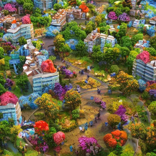 Image similar to a woodland city blooming with flowers by christian dimitrov, cityscape, multilevel, detailed, beautiful, realistic