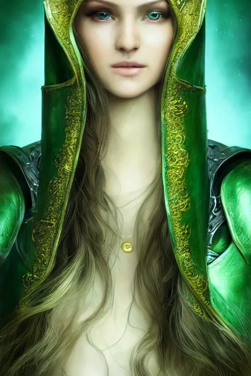 Image similar to a beautiful portrait of a young woman, green elf ranger with long flowing hair and a green leather hood, elf ranger leather armor with green colors and gold lining, young female face, cinematic top lighting, insanely detailed and intricate, face by wlop, Charlie Bowater, golden ratio, symmetric, elegant, ornate, luxury, elite, matte painting, cinematic, trending on artstation, deviantart and cgsociety, 8k, high resolution