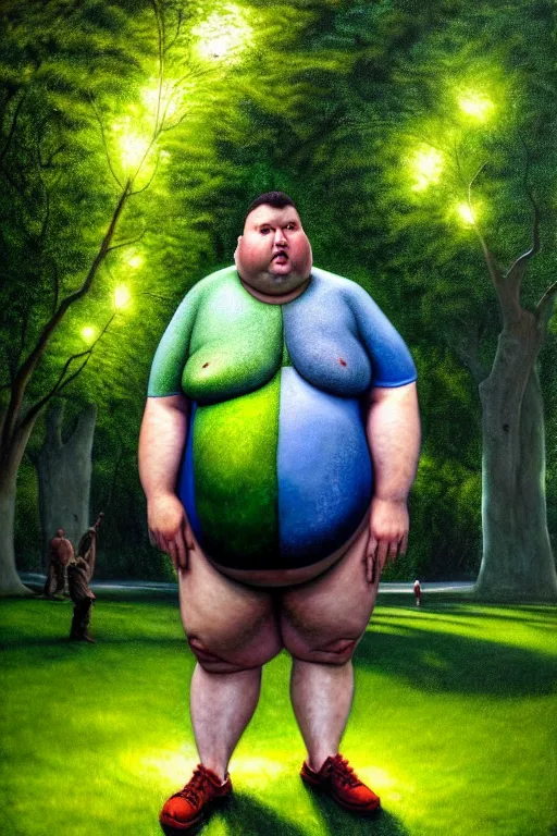 Prompt: hyperrealistic mixed media painting of an overweight man, full body, in a green park, stunning 3d render inspired art by P. Craig Russell and Barry Windsor-Smith + perfect facial symmetry + dim volumetric lighting, 8k octane beautifully detailed render, post-processing, extremely hyperdetailed, intricate, epic composition, grim yet sparkling atmosphere, cinematic lighting + masterpiece, trending on artstation, very very detailed, masterpiece, stunning
