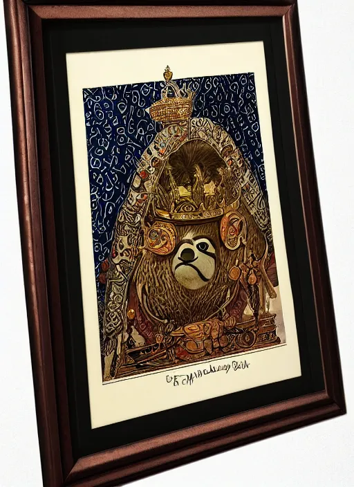 Image similar to sloth as the king of cups, copper cup, coper crown, poster framed, intricate details, medieval art style, high contrast, posterized