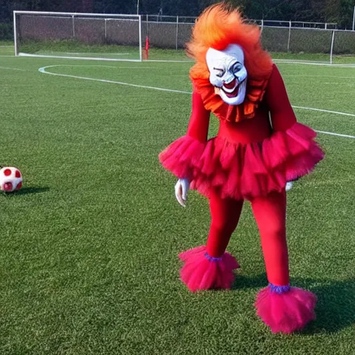 Prompt: Pennywise the clown coaching a girls' soccer team.