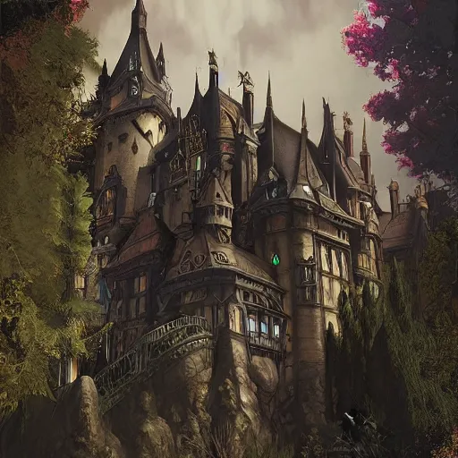 Image similar to a fantasy goth castle on hill, digital art, photorealistic, dark theme, smooth, sharp focus, artgerm, alphonse mucha