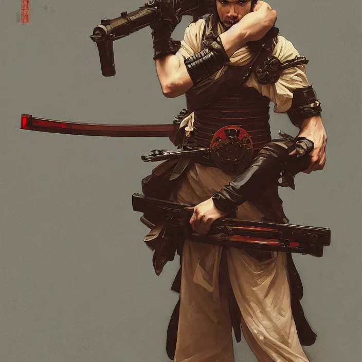 Image similar to a samurai holding a machine gun, au naturel, intricate, hyper realise, digital art, artstation, concept art, smooth render, sharp focus, ian sprigger, artgerm, greg rutkowski, alphonse mucha, william adolphe bouguereau